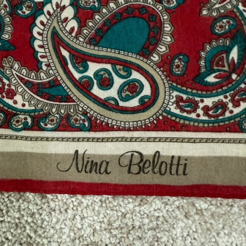 Vintage Nina‎ Belotti Paisley Silk Square Scarf Red Teal Beige Elegant Accessory